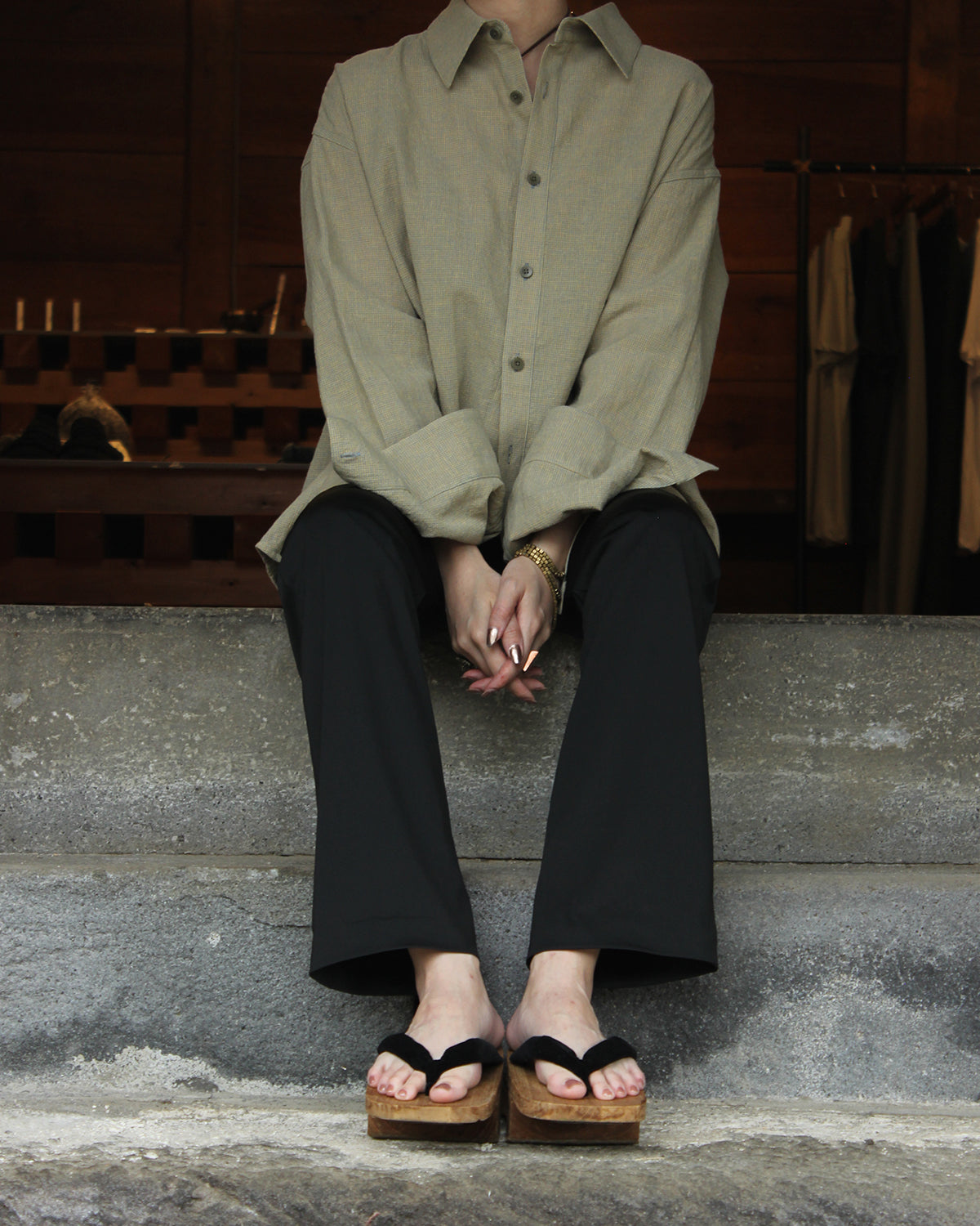 【nakedgauge】LINEN COTTON RANDAM COLOR HOUNDSTOOTH SHIRT LS, YLW x B.GRAY