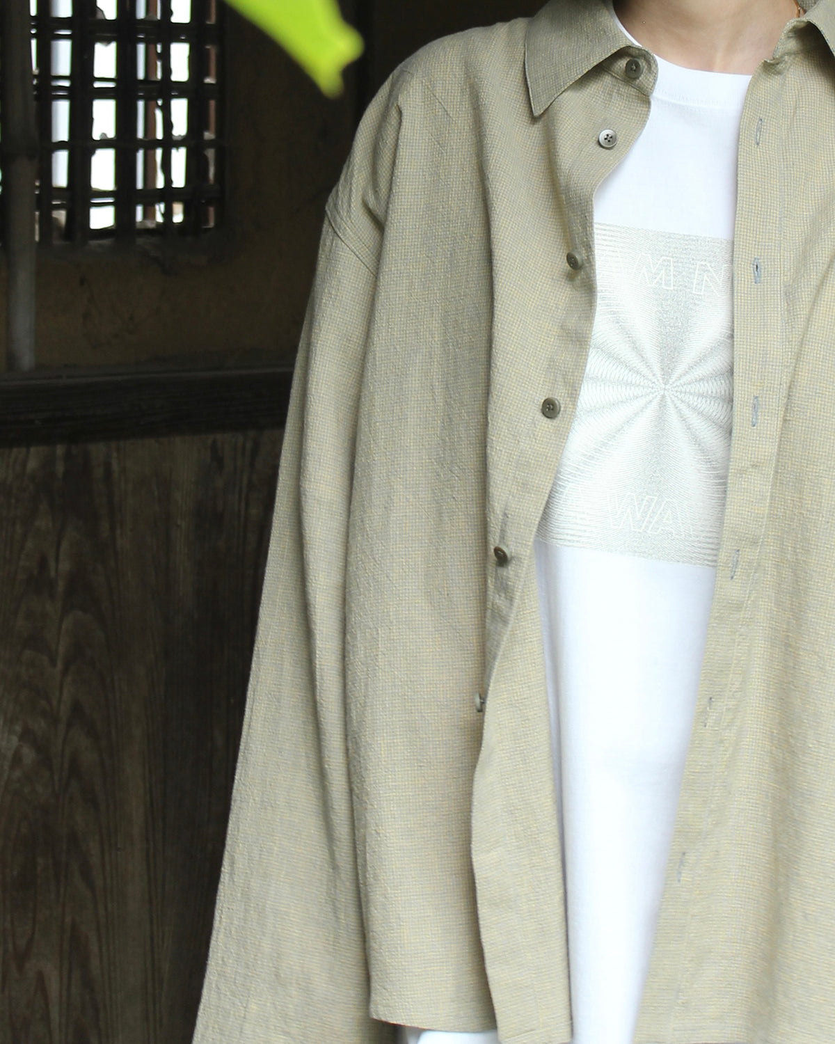 【nakedgauge】LINEN COTTON RANDAM COLOR HOUNDSTOOTH SHIRT LS, YLW x B.GRAY