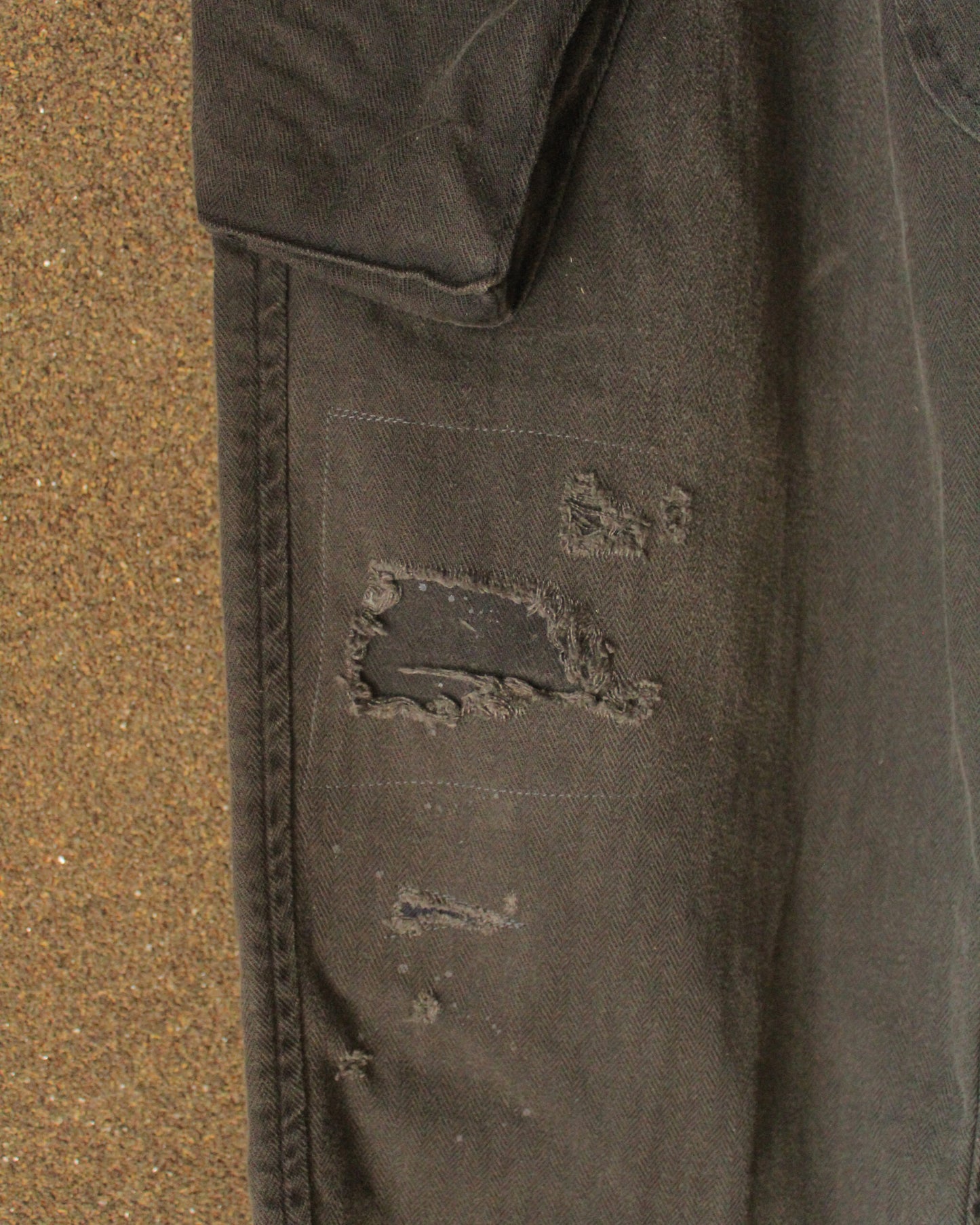 REMAKED HERRINGBONE COMBAT CARGO TROUSERS, BLACK